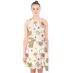 Bear Cartoon Background Pattern Seamless Animal Halter Collar Waist Tie Chiffon Dress by 99art