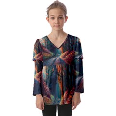 Forest Autumn Fall Painting Kids  V Neck Casual Top