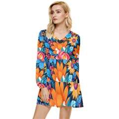 Flowers Bloom Spring Colorful Artwork Decoration Tiered Long Sleeve Mini Dress