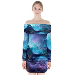 Abstract Graphics Nebula Psychedelic Space Long Sleeve Off Shoulder Dress by 99art