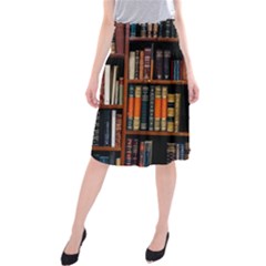 Assorted Title Of Books Piled In The Shelves Assorted Book Lot Inside The Wooden Shelf Midi Beach Skirt by 99art