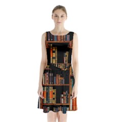 Assorted Title Of Books Piled In The Shelves Assorted Book Lot Inside The Wooden Shelf Sleeveless Waist Tie Chiffon Dress by 99art