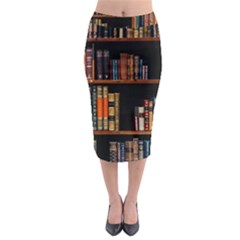 Assorted Title Of Books Piled In The Shelves Assorted Book Lot Inside The Wooden Shelf Midi Pencil Skirt by 99art