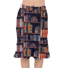 Assorted Title Of Books Piled In The Shelves Assorted Book Lot Inside The Wooden Shelf Short Mermaid Skirt by 99art