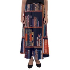 Assorted Title Of Books Piled In The Shelves Assorted Book Lot Inside The Wooden Shelf Flared Maxi Skirt by 99art