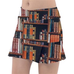 Assorted Title Of Books Piled In The Shelves Assorted Book Lot Inside The Wooden Shelf Classic Tennis Skirt by 99art