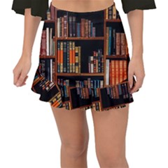 Assorted Title Of Books Piled In The Shelves Assorted Book Lot Inside The Wooden Shelf Fishtail Mini Chiffon Skirt by 99art