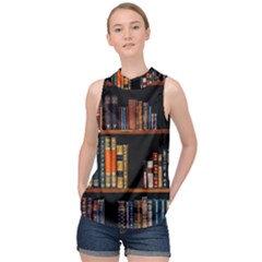 Assorted Title Of Books Piled In The Shelves Assorted Book Lot Inside The Wooden Shelf High Neck Satin Top by 99art