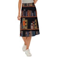 Assorted Title Of Books Piled In The Shelves Assorted Book Lot Inside The Wooden Shelf Midi Panel Skirt by 99art