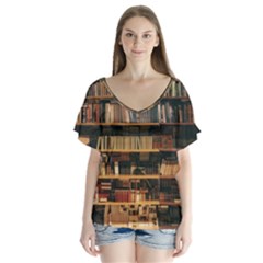 Books On Bookshelf Assorted Color Book Lot In Bookcase Library V-neck Flutter Sleeve Top by 99art