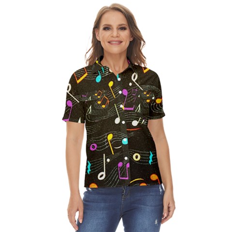 Assorted Color Musical Notes Wallpaper Fabric Women s Short Sleeve Double Pocket Shirt by 99art