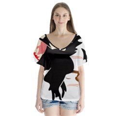 Bat Broom Broomstick V-neck Flutter Sleeve Top by 99art