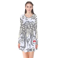 Drawing Clip Art Hand Painted Abstract Creative Space Squid Radio Long Sleeve V-neck Flare Dress by 99art