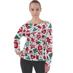 Background Vector Texture Christmas Winter Pattern Seamless Off Shoulder Long Sleeve Velour Top