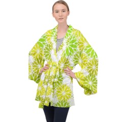 Flowers Green Texture With Pattern Leaves Shape Seamless Long Sleeve Velvet Kimono  by danenraven