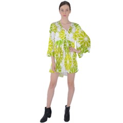 Flowers Green Texture With Pattern Leaves Shape Seamless V-neck Flare Sleeve Mini Dress by danenraven