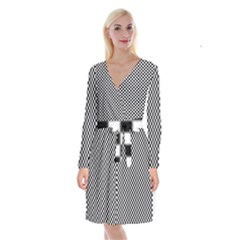 Black And White Checkerboard Background Board Checker Long Sleeve Velvet Front Wrap Dress by Cowasu