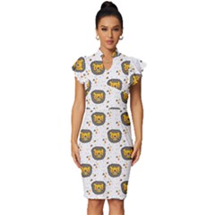 Lion Heads Pattern Design Doodle Vintage Frill Sleeve V-neck Bodycon Dress by Cowasu