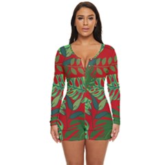 Leaves Leaf Nature Pattern Red Green Long Sleeve Boyleg Swimsuit by Cowasu