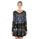 New York Night Central Park Skyscrapers Skyline Long Sleeve Velvet V-neck Dress