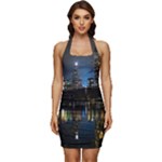 New York Night Central Park Skyscrapers Skyline Sleeveless Wide Square Neckline Ruched Bodycon Dress