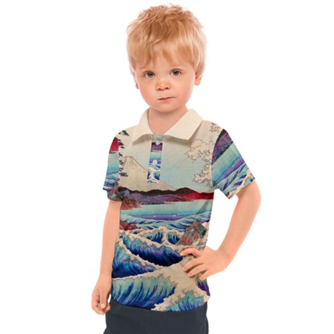 Wave Japanese Mount Fuji Woodblock Print Ocean Kids  Polo Tee by Cowasu