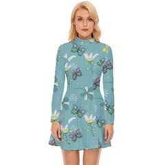 Butterfly Flower Blue Background Long Sleeve Velour Longline Dress by danenraven