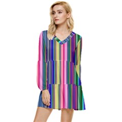 Pastel Colors Striped Pattern Tiered Long Sleeve Mini Dress