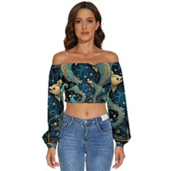 Fish Star Sign Long Sleeve Crinkled Weave Crop Top by Bangk1t