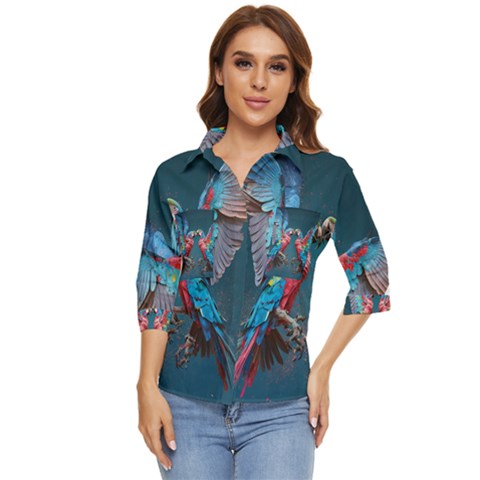 Birds Parrots Love Ornithology Species Fauna Women s Quarter Sleeve Pocket Shirt by Ndabl3x