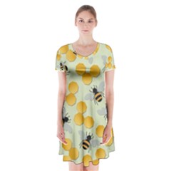 Honey Bee Bees Pattern Short Sleeve V-neck Flare Dress by Ndabl3x