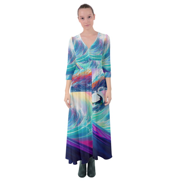 Wave Ocean Sea Tsunami Nautical Nature Water Button Up Maxi Dress