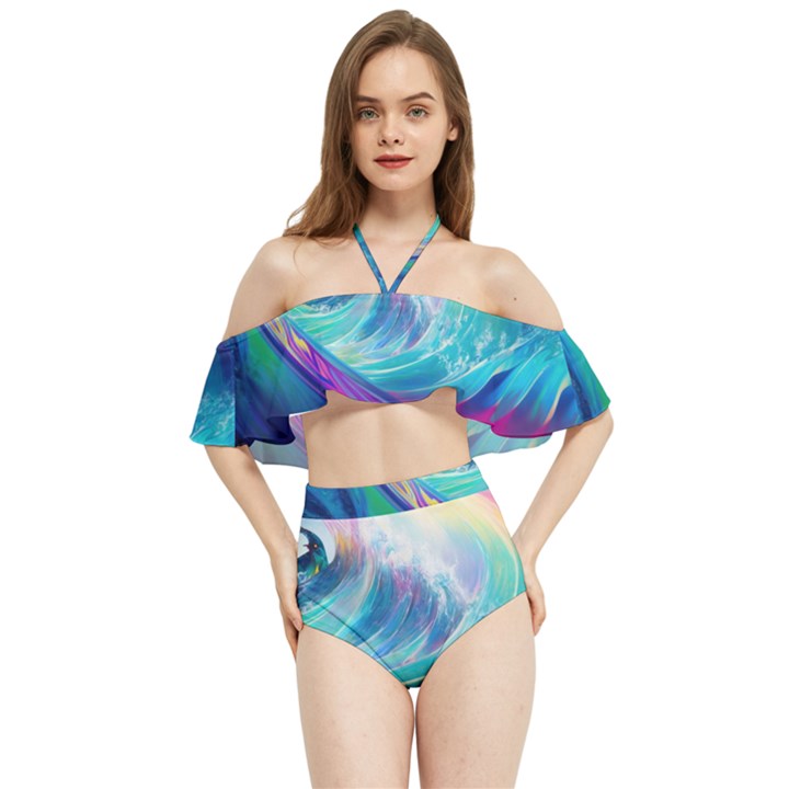 Wave Ocean Sea Tsunami Nautical Nature Water Halter Flowy Bikini Set 