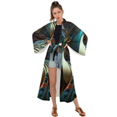 Peacock Bird Feathers Plumage Colorful Texture Abstract Maxi Kimono