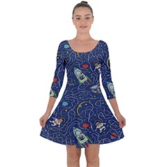 Cat-cosmos-cosmonaut-rocket Quarter Sleeve Skater Dress by Wav3s