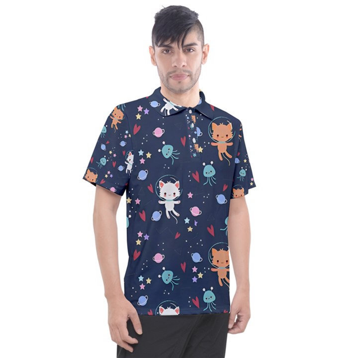 Cute Astronaut Cat With Star Galaxy Elements Seamless Pattern Men s Polo Tee