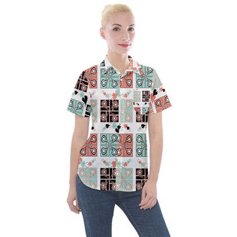 Mint Black Coral Heart Paisley Women s Short Sleeve Pocket Shirt by Ndabl3x