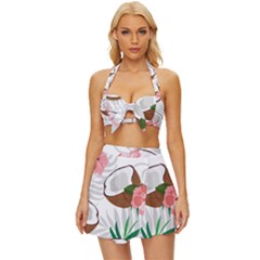 Seamless Pattern Coconut Piece Palm Leaves With Pink Hibiscus Vintage Style Bikini Top And Skirt Set  by Vaneshart