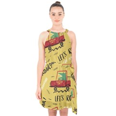 Childish-seamless-pattern-with-dino-driver Halter Collar Waist Tie Chiffon Dress by Vaneshart