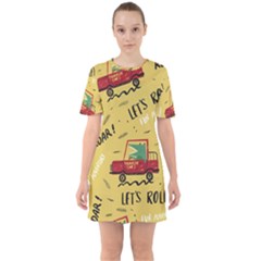 Childish-seamless-pattern-with-dino-driver Sixties Short Sleeve Mini Dress by Vaneshart