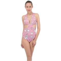 Cute-unicorn-seamless-pattern Halter Front Plunge Swimsuit