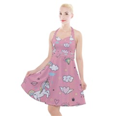 Cute-unicorn-seamless-pattern Halter Party Swing Dress 