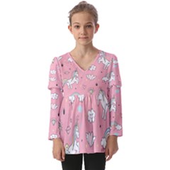 Cute-unicorn-seamless-pattern Kids  V Neck Casual Top