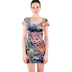 3d Flower Bloom Embossed Pattern Short Sleeve Bodycon Dress