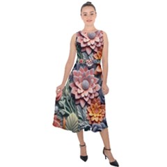 3d Flower Bloom Embossed Pattern Midi Tie-back Chiffon Dress