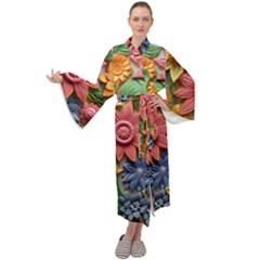 Flower Bloom Embossed Pattern Maxi Velvet Kimono