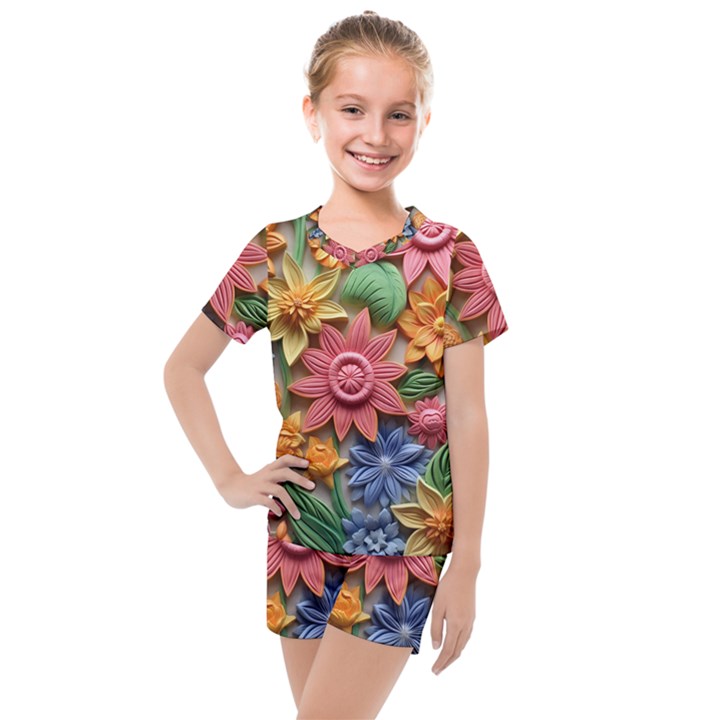 Flower Bloom Embossed Pattern Kids  Mesh Tee and Shorts Set