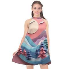 Paper Art Pastel Halter Neckline Chiffon Dress 