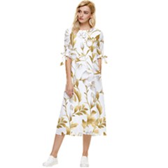 Flowers Gold Floral Bow Sleeve Chiffon Midi Dress