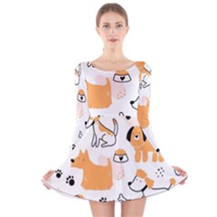 Seamless Pattern Of Cute Dog Puppy Cartoon Funny And Happy Long Sleeve Velvet Skater Dress by Wav3s